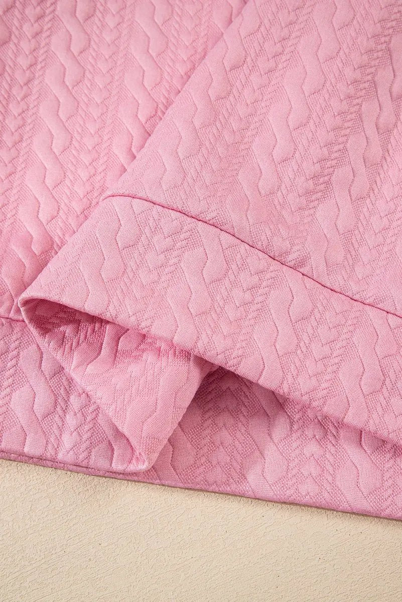 Pink Contrast Trim Textured Crewneck Tee And Pocketed Skirt Set - Love Salve